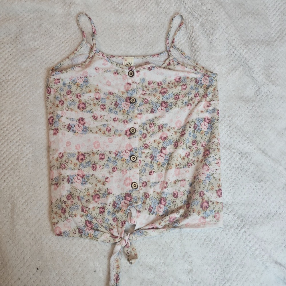 7TH RAY Women's Floral Strappy Tank Top Blouse White Tie Front